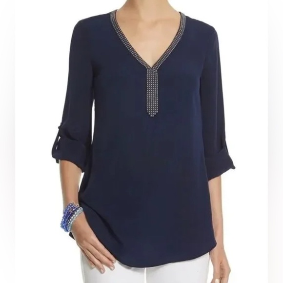 White House Black Market Tops - NWT - White House Black Market Beaded Silk Tunic in Classic Navy - Size 2